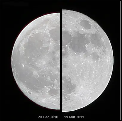 2010년 12월 20일의 평균적인 보름달(왼쪽)과 2011년 3월 19일의 슈퍼문(오른쪽)의 겉보기 지름을 지구에서 본 모습 (촬영 = Marcoaliaslama)
